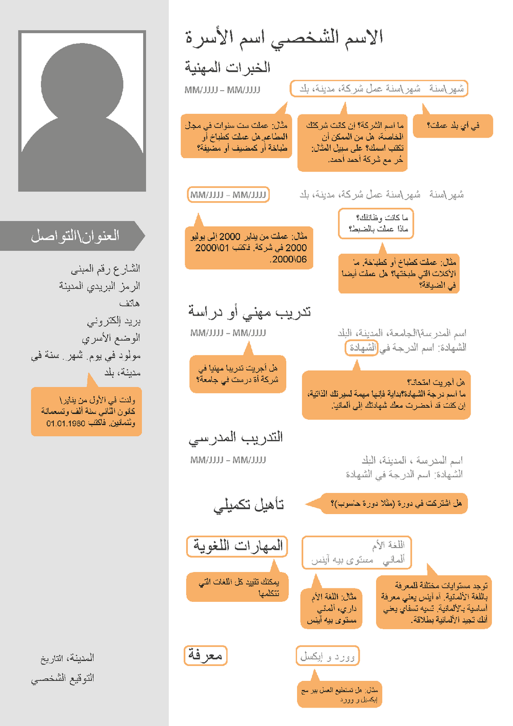 Das Bild zeigt, welche Informationen in einem Lebenslauf in Deutschland erwartet werden - auf Arabisch.